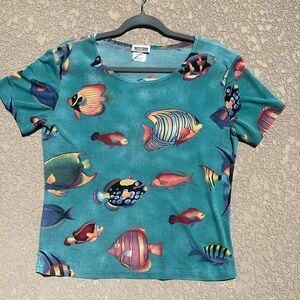 Western Connection Women’s Tropical Fish Shirt Short Sleeve Slinky Sz Large